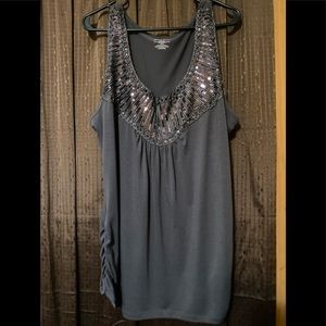 Lane Bryant size 18/20 sleeveless, gray, sequined top with ruched sides.